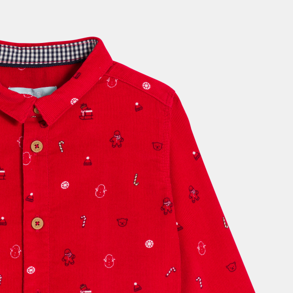 قميص مخملي أحمر مضلع لطفل رضيع